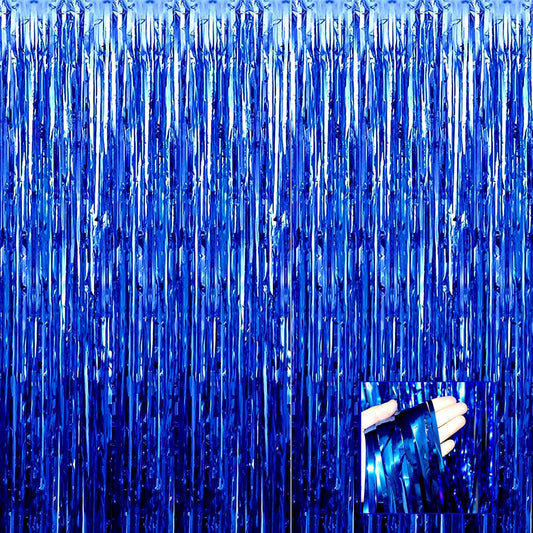 4 Pack Blue Foil Fringe Curtain Backdrop, 3.28Ft x 6.56Ft Metallic Tinsel Foil Fringe Streamers Curtains for Photo Booth, Wedding, Thanksgiving, Birthday, Christmas, Party