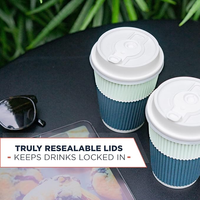 Disposable Coffee Cups With Lids - 12 oz To Go Coffee Cups (80 Set) With Sturdy Lids Prevent Leaks! Paper Hot Cup Holds Shape With Hot, Cold Drinks. Ripple Cups Protect Fingers from Heat!
