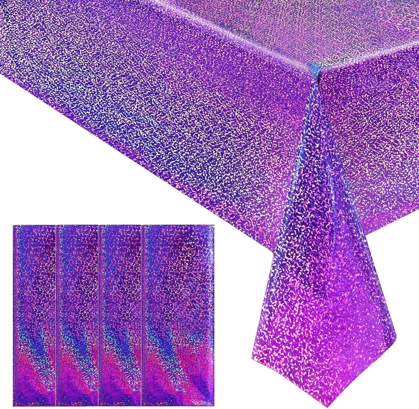 4 pcs Purple Holographic Laser Tablecloths Iridescence Shiny Table Covers 40" x 108" Foil Disposable Rectangle Table cloths for Halloween Bachelorette Birthday Party Wedding Anniversary Decor