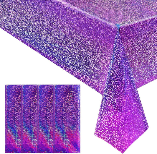 4 pcs Purple Holographic Laser Tablecloths Iridescence Shiny Table Covers 40" x 108" Foil Disposable Rectangle Table cloths for Halloween Bachelorette Birthday Party Wedding Anniversary Decor