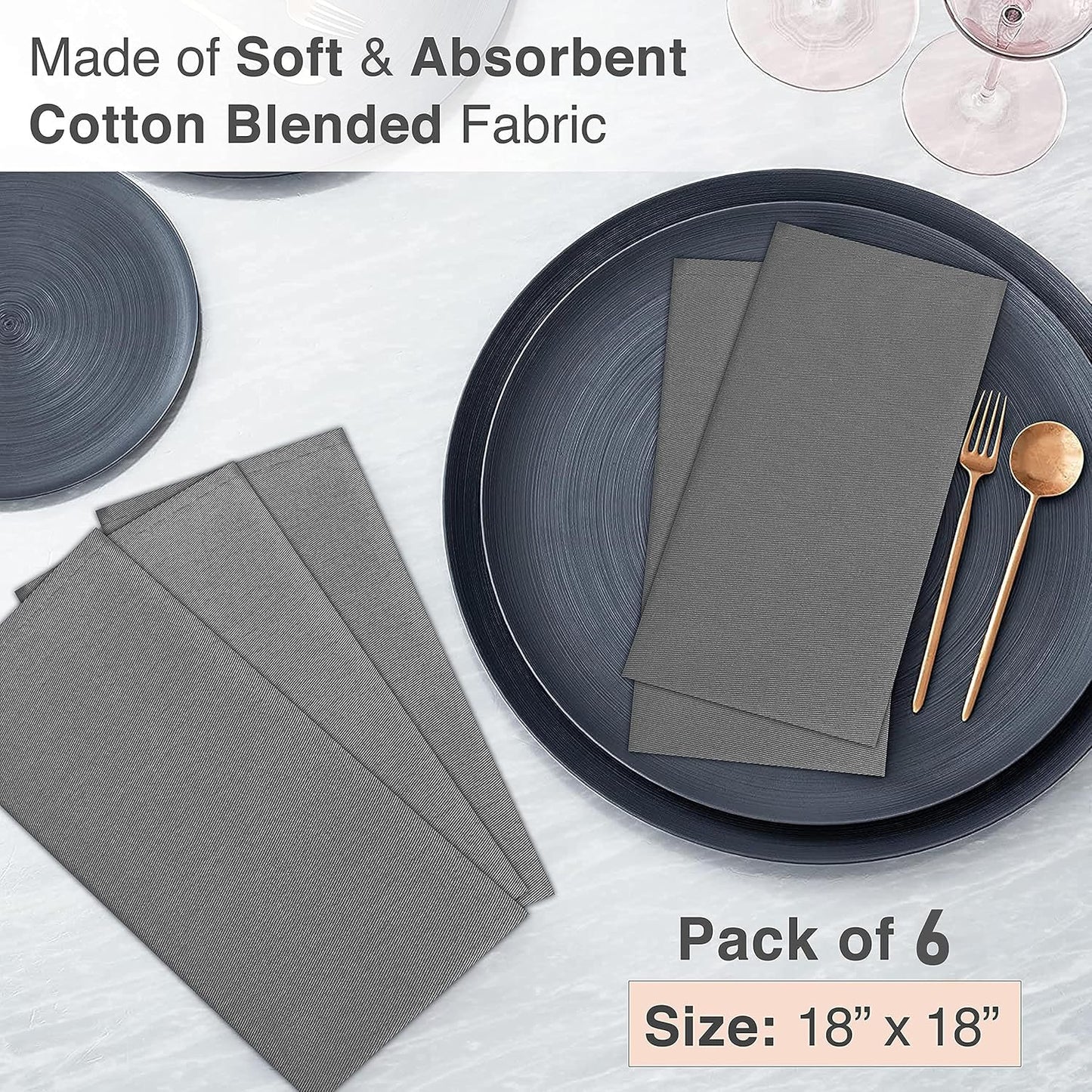 Ruvanti Cloth Napkins Set of 6, 18x18 Inches Napkins Cloth Washable, Soft, Durable, Absorbent, Cotton Blend. Table Dinner Napkins Cloth for Hotel, Lunch, Restaurant, Wedding Parties - Charcoal Grey
