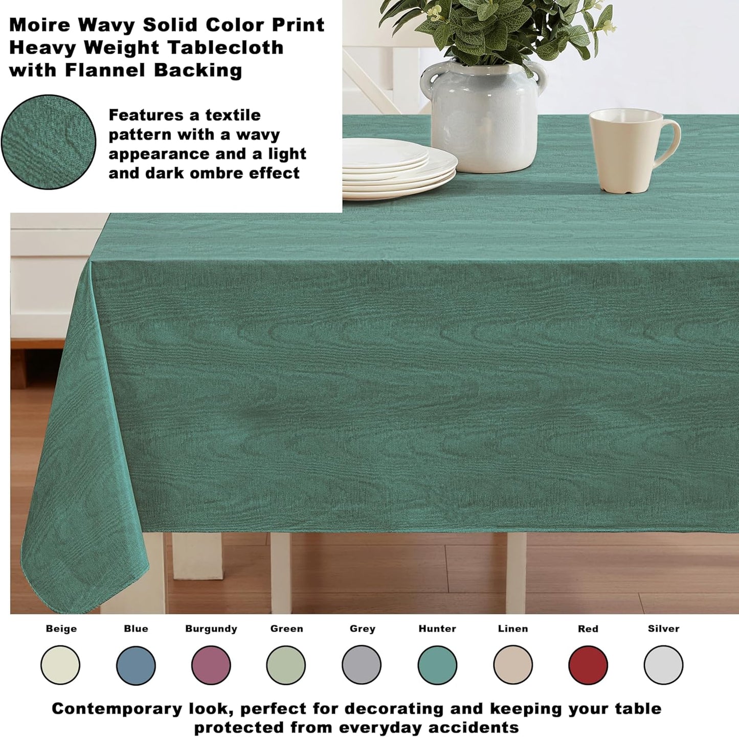 Newbridge Vinyl Flannel Backed Tablecloth, 60 x 84 Inch Rectangle, Hunter Green Moire Wavy Solid Design, Heavyweight Indoor Outdoor Waterproof Table Cover, Easy Care Wipe Clean