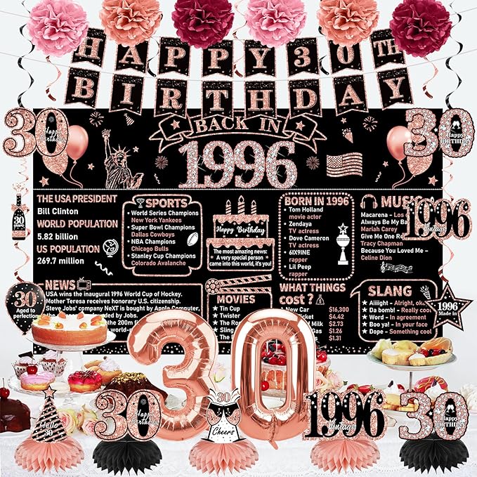 Zirtorei 30th Birthday Decorations for Women, 21pcs the Year 1996 Banner Balloon Party Supplies, Rose Gold 30 Year Old Birthday Backdrop, 30 Bday Honeycomb Centerpiece Hanging Swirls Sash Gifts