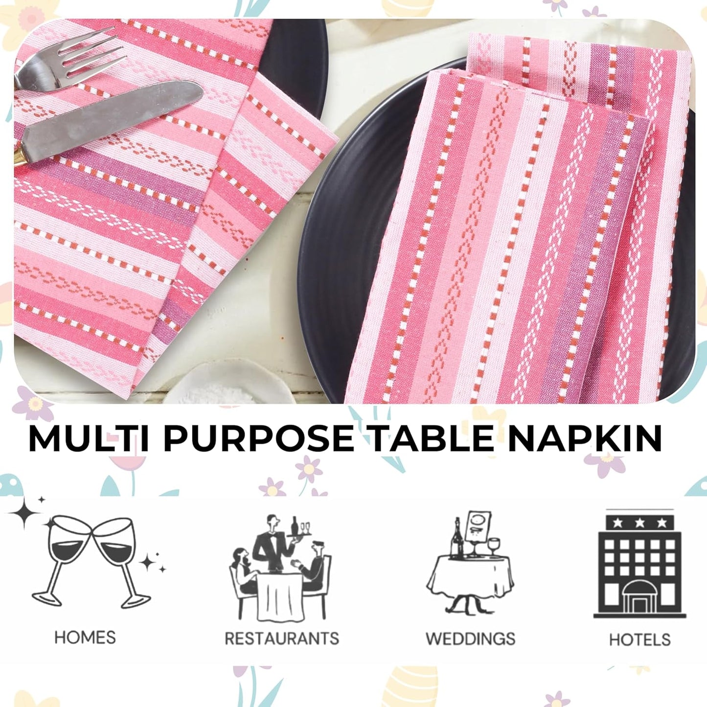 Homidate Cotton Cloth Dinner Napkins Set of 12 – 18x18 Pink Multi Salsa Stripe – Reusable Machine Washable Fabric Napkins for Weddings, Parties, Kitchen & Everyday Dining
