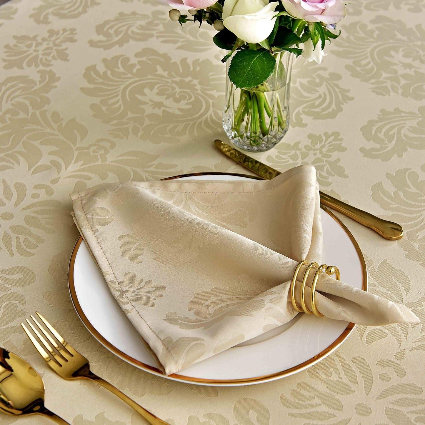 maxmill Jacquard Cloth Napkins 20 x 20 Inch Damask Pattern Soft Comfortable and Luxury Serviette for Restaurant Family Dinners Weddings Parties and Banquets Set of 4 Pieces Beige