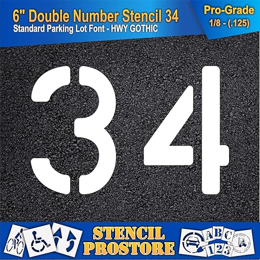 Pavement, Curb, and WheelStop Stencils - 6 inch Double Number Stencil - (34) - 6" x 9" x 1/8" (128 mil) - Pro-Grade