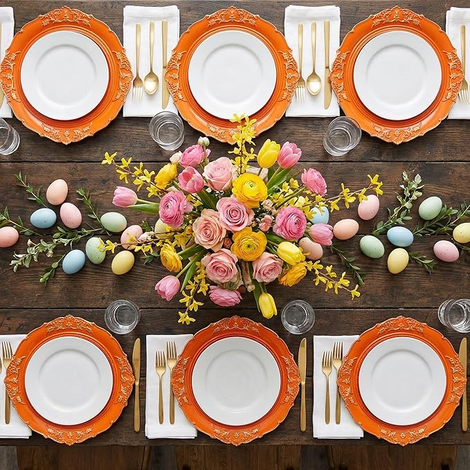 Orange Charger Plates, 13 Inch Embossed Chargers for Dinner Plates. Plastic Charger for Wedding, Party. (Set of 6)