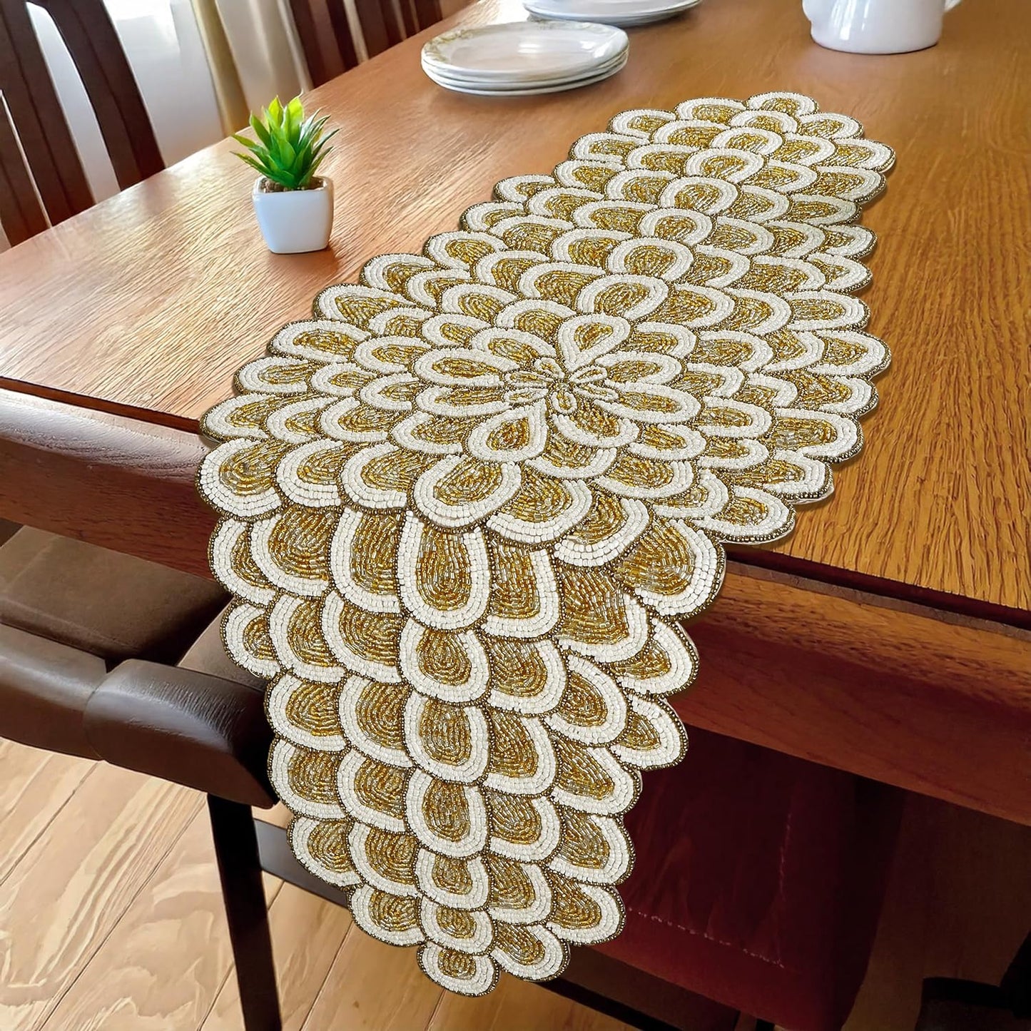 Beaded Table Runners 36 Inches, Hand Beaded Decorative Farmhouse Glitz Table Runner for Christmas Wedding Baby Shower Bridal Shower, Seasonal Winter Holiday Kitchen Dining Table - CLEENTABLE