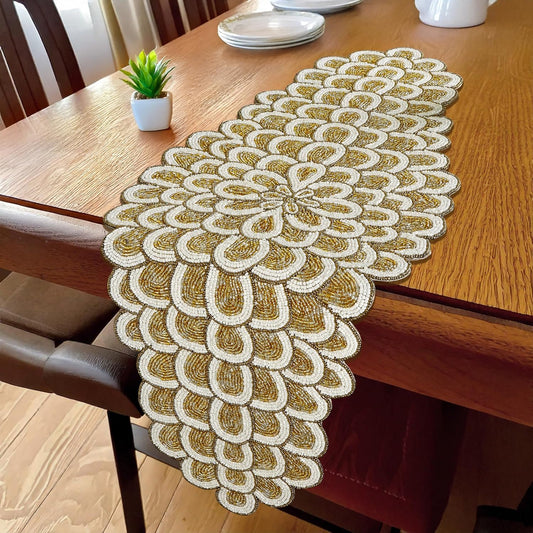 Beaded Table Runners 36 Inches, Hand Beaded Decorative Farmhouse Glitz Table Runner for Christmas Wedding Baby Shower Bridal Shower, Seasonal Winter Holiday Kitchen Dining Table - CLEENTABLE