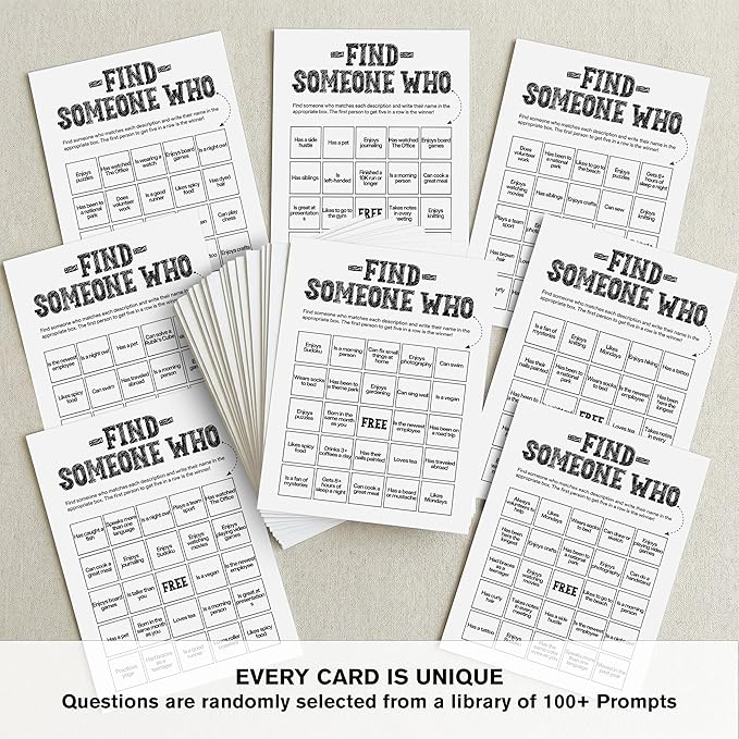 Sahjzk Office Bingo Cards, 25 Unique Randomized 5x7 Sheets, Get to Know You Bingo Game for Adults, Ice Breaker Office Party Games, Team Building Games for Work, High Replay Value - B005
