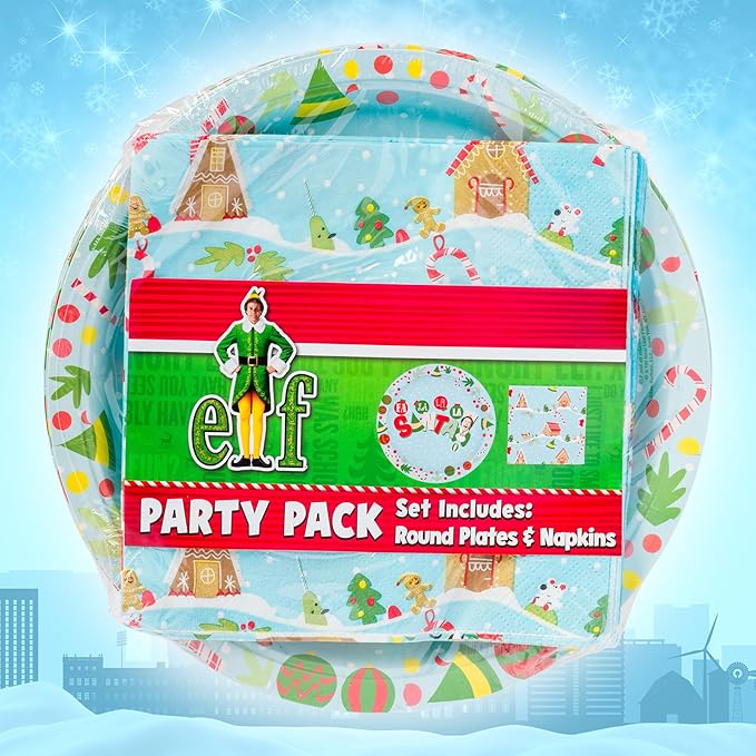 Silver Buffalo Elf Buddy the Elf Fa La La Santa Snow Christmas 32 Pack Partyware Disposable Paper Plates and Napkins