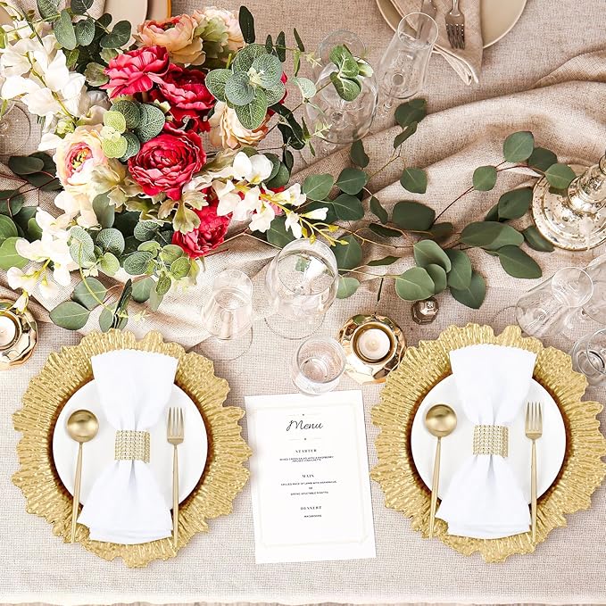 Rtteri 50 Pcs 13 Inch Charger Plates Bulk, Plastic Charger Plates with Floral Reef Design, Round Ruffled Rim Decorative Dinner Tableware for Wedding, Party, Event Table Decor(Light Gold)