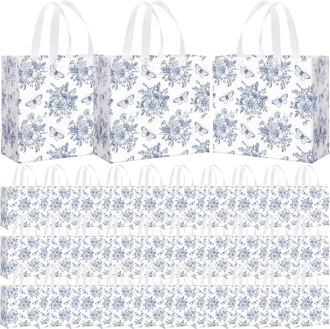 Abbylike 30 Pack Blue Floral Reusable Gift Bag Bulk Large Floral Print Shopping Bag Blue White Tote Non Woven Tote for Wedding Birthday Family Holiday Travel, 12.2 x 11.02 x 4.72 Inches
