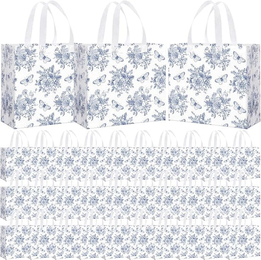 Abbylike 30 Pack Blue Floral Reusable Gift Bag Bulk Large Floral Print Shopping Bag Blue White Tote Non Woven Tote for Wedding Birthday Family Holiday Travel, 12.2 x 11.02 x 4.72 Inches