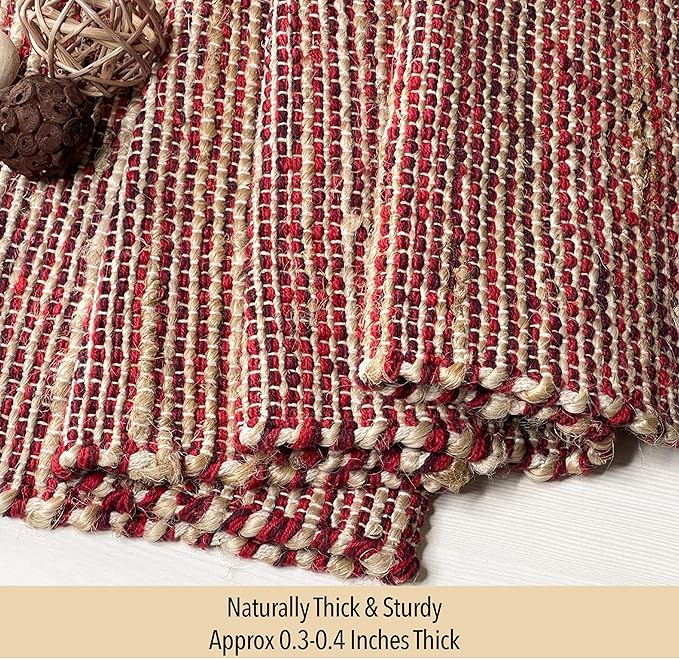 Chardin home Natural Jute Table Runner 13x72 Inch – Vintage Boho Rustic Table Decor – Handwoven Table Runner in Natural Jute and Red – Farmhouse Dining or Console Table Accent