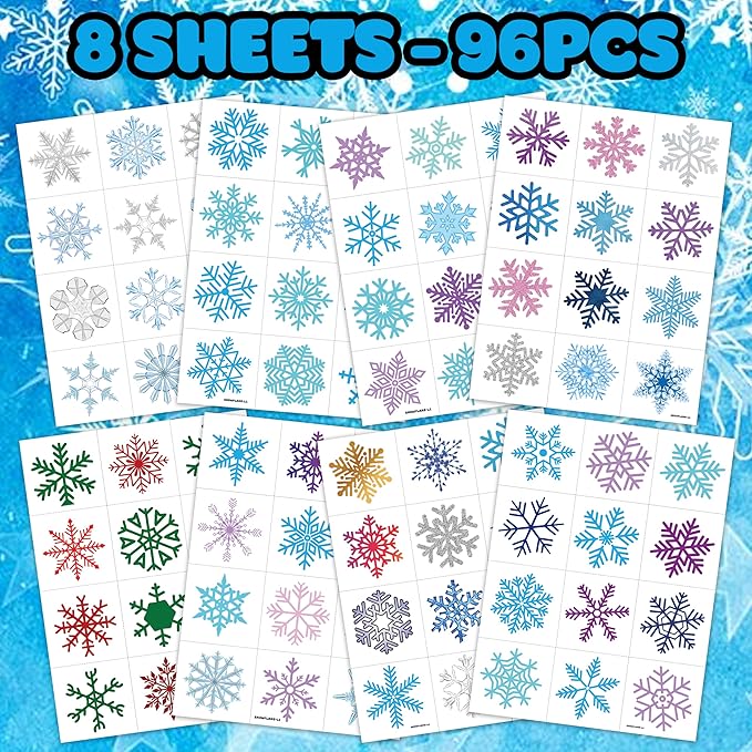 96 PCS Blue Snowflake Pre-Cut Temporary Tattoos Sticker Winter Birthday Christmas Party Decorations Decor Supplies Favors Gifts for Girls Boys Baby Showers Cute Fake Tattoos Classroom Reward Themed