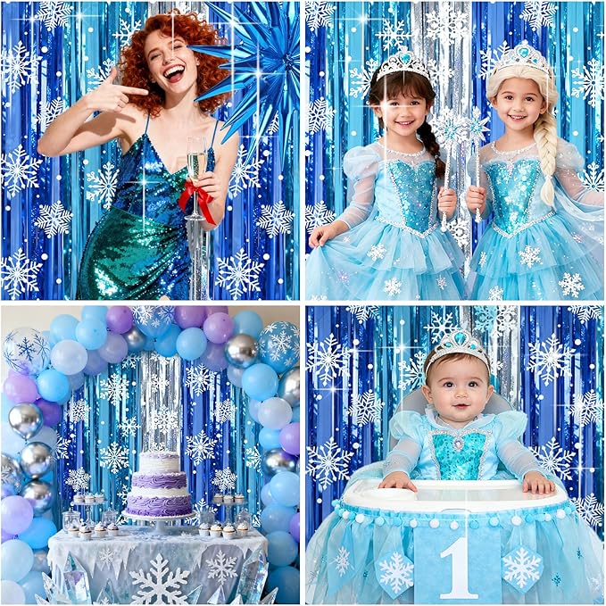 2 Packs Snowflake Foil Fringe Curtain, Blue Silver Ice Glitter Metallic Tinsel Backdrop for Princess Birthday Baby Shower Santa Claus Christmas Winter Wonderland Party Decoration Supplies