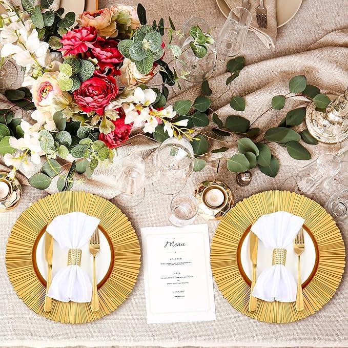 Tanlade 50 Set Bright Gold Charger Plates Bulk with Napkin Rings Plastic 13" Plate Charger Fluted Edge Wedding Decoration for Table Wedding Party Event(Sun)
