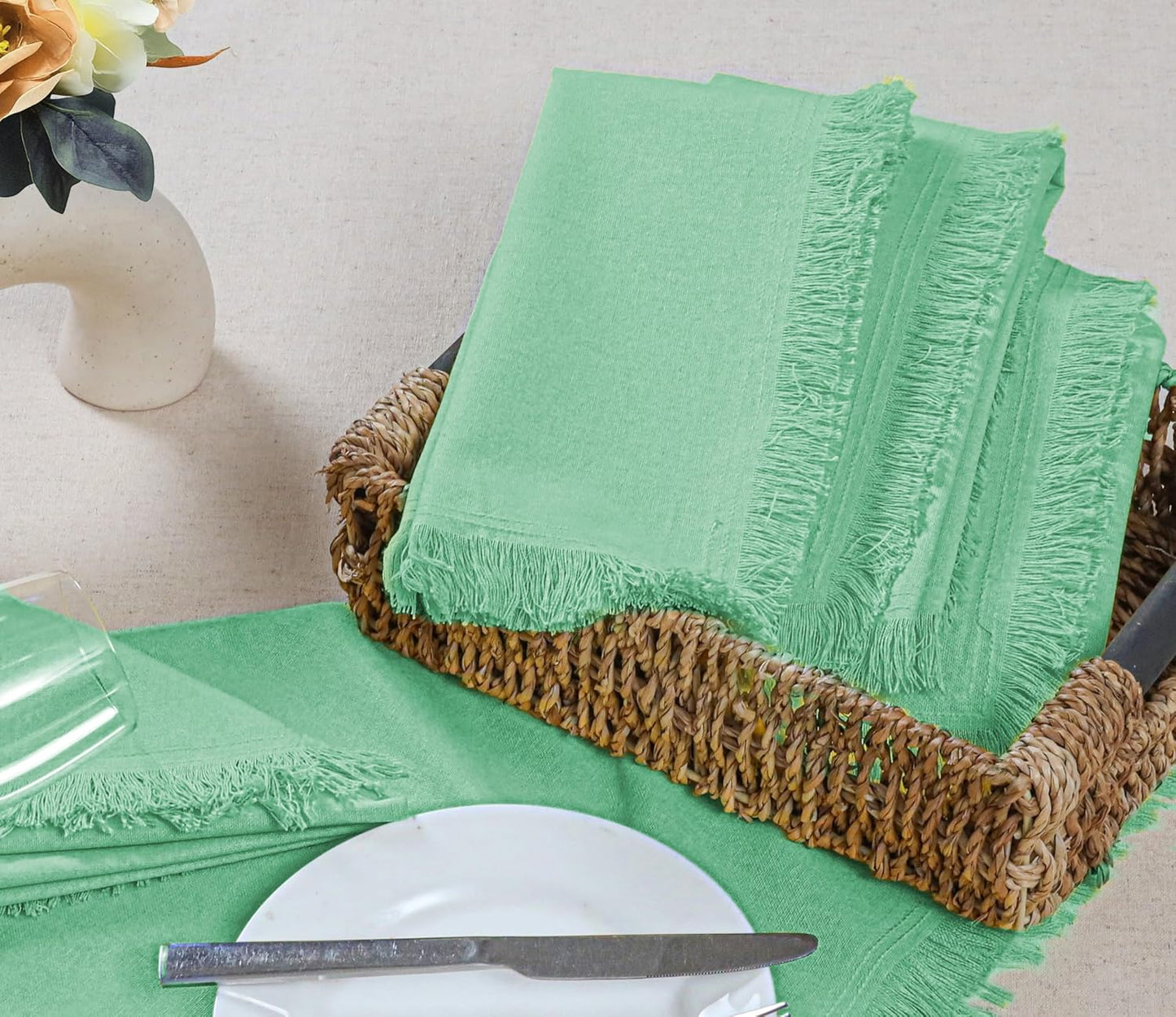Bedding Craft Cotton Cloth Dinner Napkins Set of 12 – 18x18 Bird Egg Gray (Sea Green) with Fringed Corners – Machine Washable Fabric Napkins for Weddings, Parties & Everyday Dining