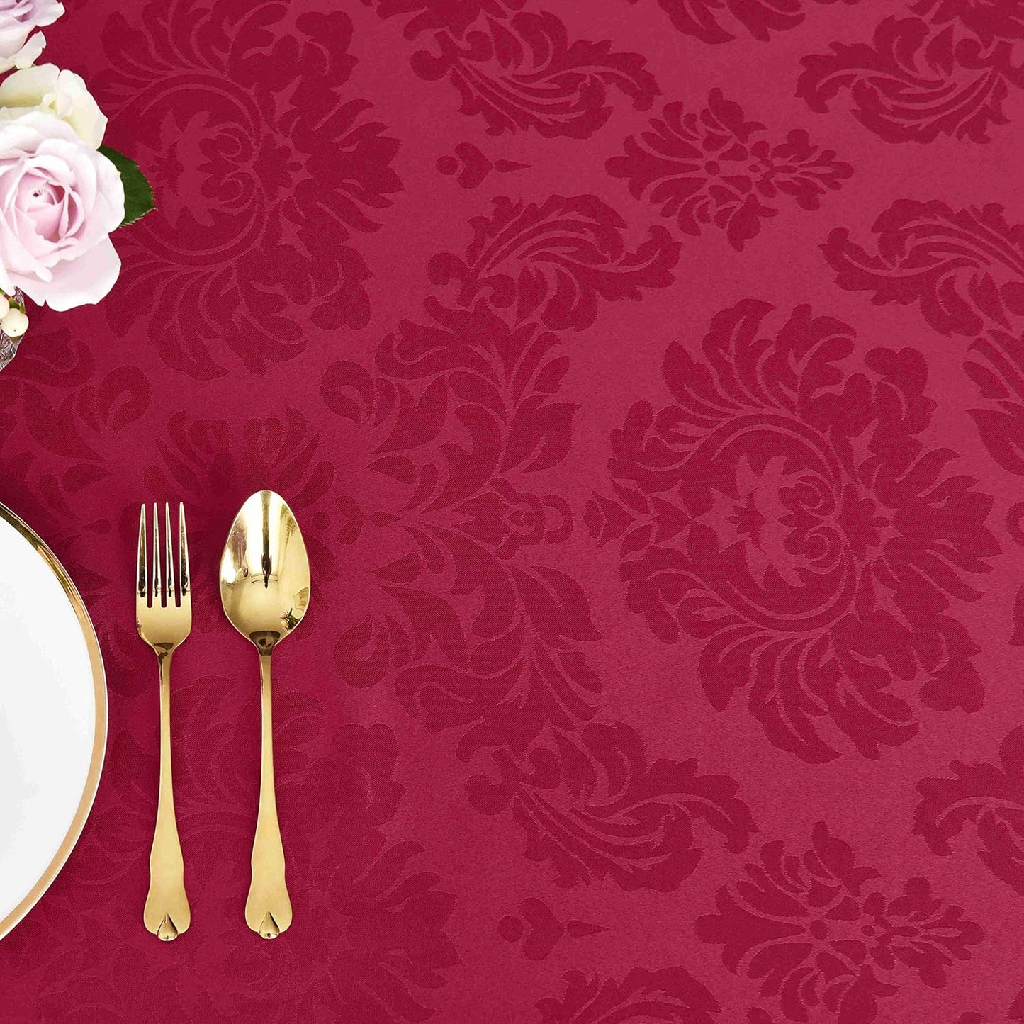 maxmill Jacquard Table Cloth Damask Pattern Spillproof Wrinkle Resistant Heavy Weight Soft Tablecloth for Kitchen Dinning Tabletop Outdoor Picnic Rectangle 52 x 70 Inch Ruby Red