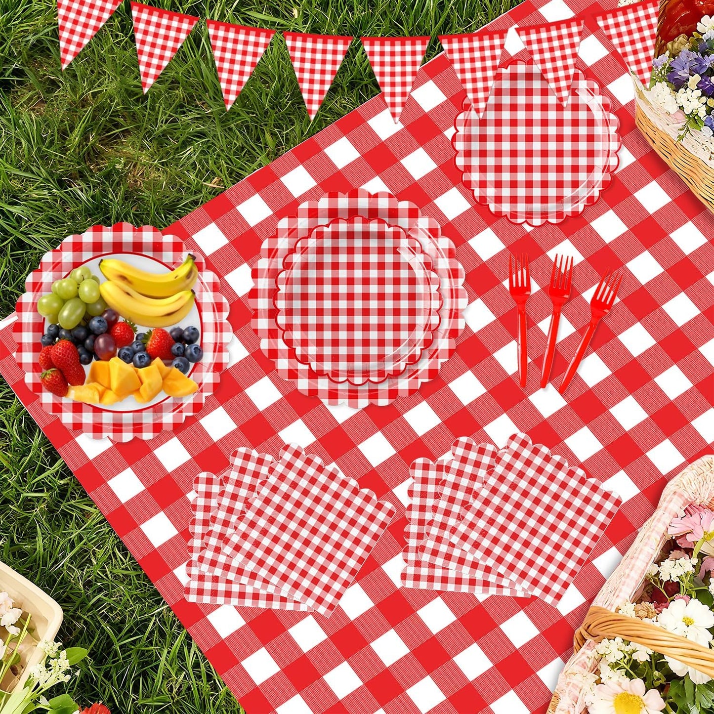 102 PCS Red Gingham Party Supplies - Scalloped Plates, Napkins, Cups, Forks, Banner, Gingham Tablecloth for Baby Shower, Birthday, Picnic Party Decorations, Serves 25
