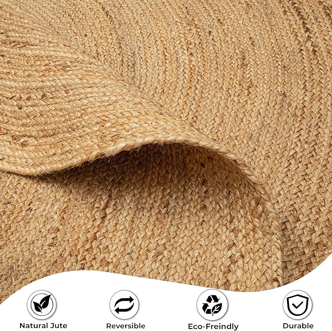 Ramanta Home Hand Woven Jute Braided Rug 4' Round - Natural, Farmhouse Accent Circle Reversible Rugs for Kitchen, Nursery, Kids Room, Boho Floor Carpet for Living Room, Patio - 4 Feet Round