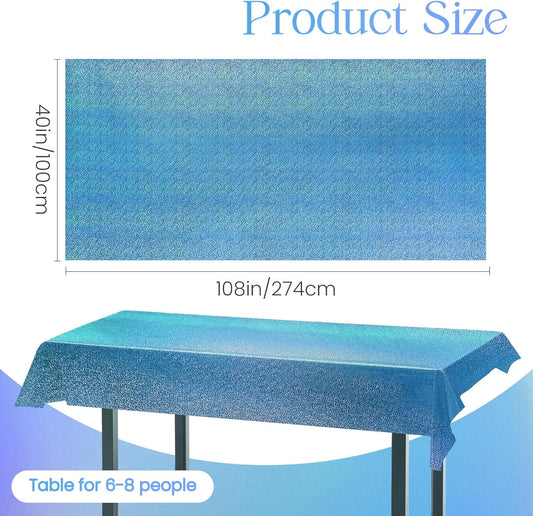 4pcs Blue Holographic Laser Tablecloths 40" x 108" Plastic Table Cloths for Parties Shimmer Shiny Party Decoration for Winter Ocean Princess Birthday Party Wedding Baby Shower Christmas Decor