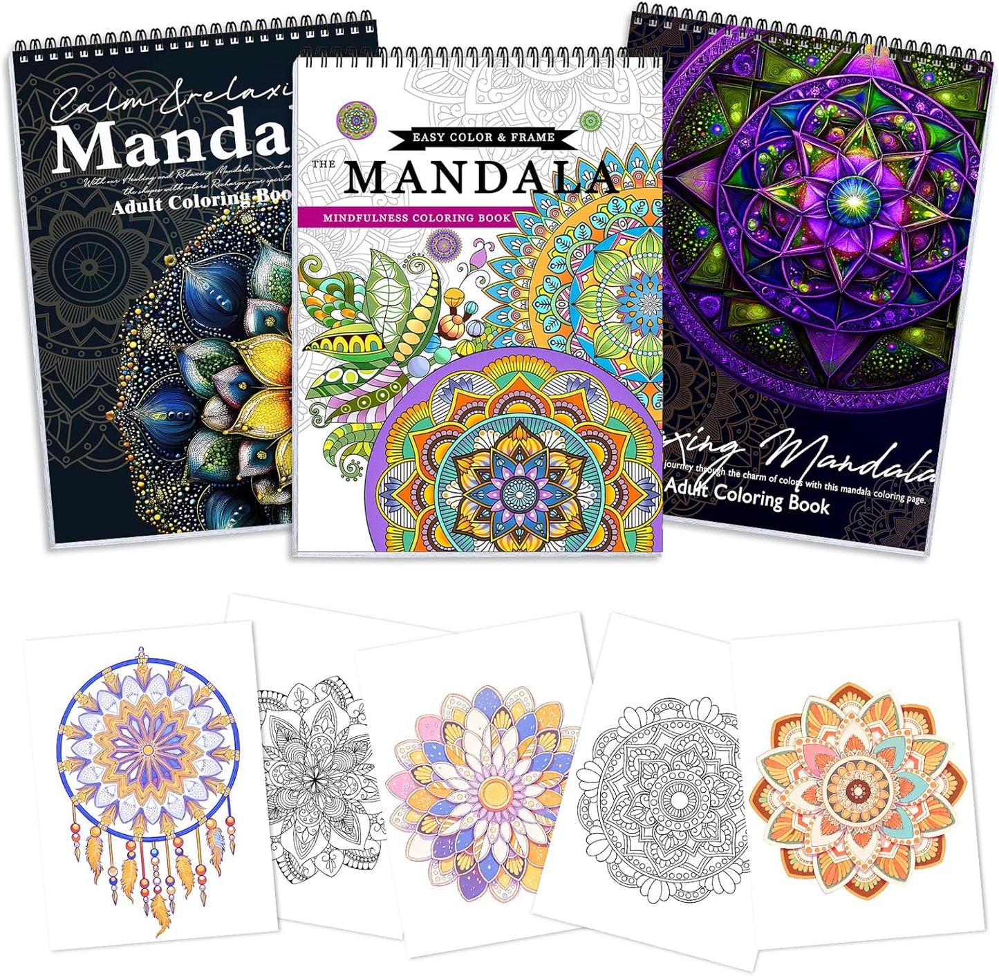 3Pcs Adult Coloring Book Spiral Bound, Mandala Coloring Book for Adult Relaxation, Original Design with 72 Patterns, Thick Paper One Sided Design, Hand-Drawn Design, Anxiety Relief Mindfulness Gifts