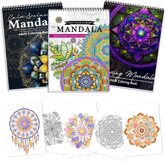 3Pcs Adult Coloring Book Spiral Bound, Mandala Coloring Book for Adult Relaxation, Original Design with 72 Patterns, Thick Paper One Sided Design, Hand-Drawn Design, Anxiety Relief Mindfulness Gifts