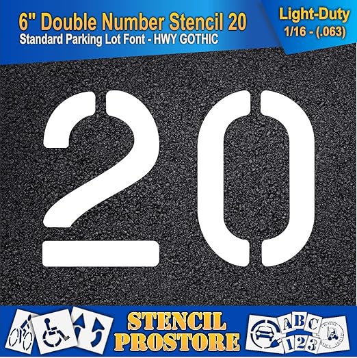 Pavement, Curb, and WheelStop Stencils - 6 inch Double Number Stencil - (20) - 6" x 9" x 1/16" (63 mil) - Light-Duty