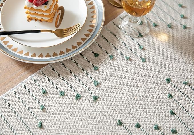 Boho Table Runner 13 x 48 Inch Long Natural Cotton Woven Runner with Tassels for Home Dining Table décor, for Modern Farmhouse Decor Coffee Table Runner, Green and Beige