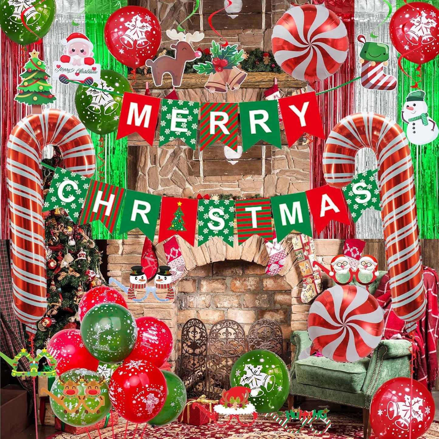 Christmas Decorations, Merry Christmas Decor Banner Hanging Swirls Candy Cane Balloons Tinsel Backdrop Glasses Frames for Indoor Outdoor Decorations