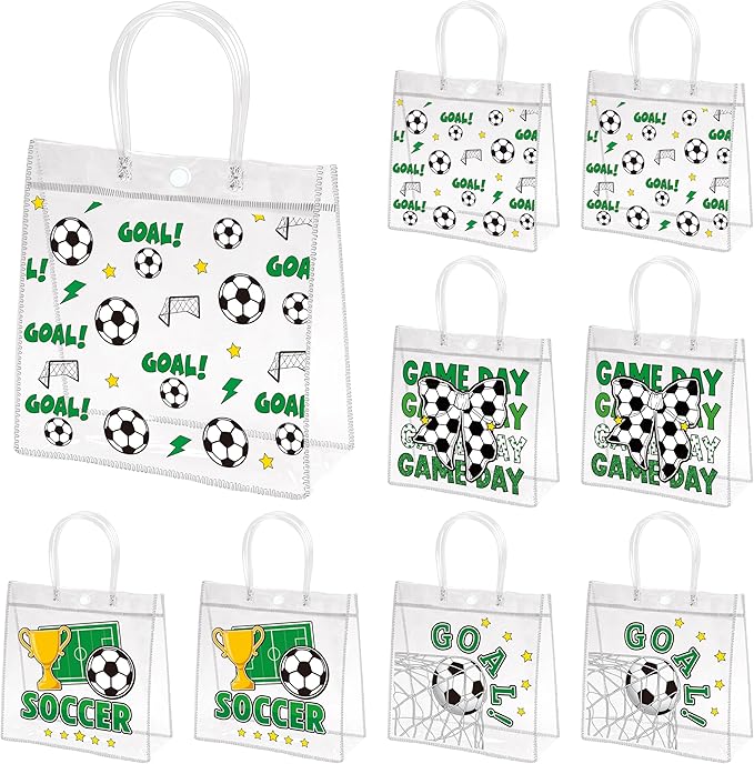 H1vojoxo Soccer Party Gift Bags - 24PCS Soccer Clear PVC Gift Bags with Handles Bulk 4 Styles Sports Theme PVC Plastic Gifts Wrap Tote Bag Reusable Clear Gift Bag for Ball Team Birthday Party Favor