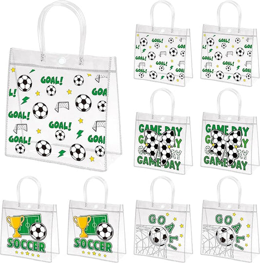 H1vojoxo Soccer Party Gift Bags - 24PCS Soccer Clear PVC Gift Bags with Handles Bulk 4 Styles Sports Theme PVC Plastic Gifts Wrap Tote Bag Reusable Clear Gift Bag for Ball Team Birthday Party Favor