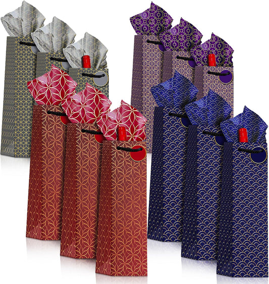 Luxstella Wine Gift Bags with Rope Handles – Pack of 12 Kraft Paper Bottle Bags with Tags & Tissue for Wine or Champagne Gifts