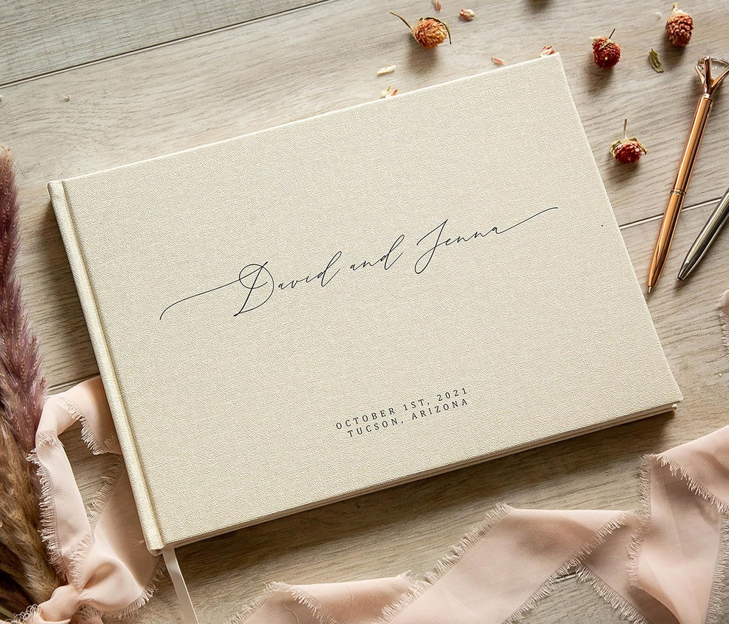 MUUJEE Personalized Guestbook in Cream - Premium Custom Modern Guest Book for Wedding Reception, Birthday Party or Events w/Bookmark Blank Pages for Signing, Extra Large 11.5 x 8.5 inches