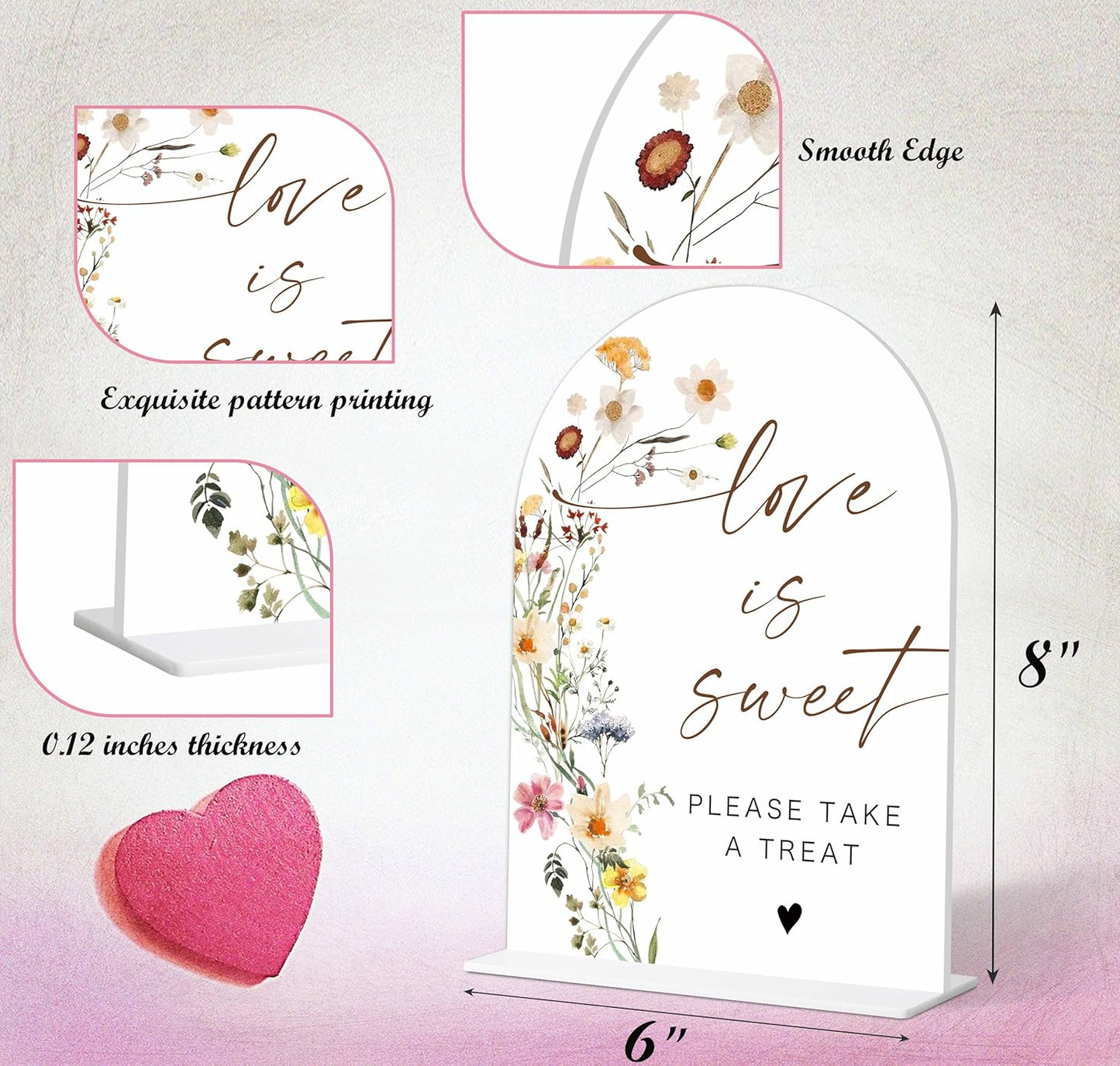 Love Is Sweet Sign for Dessert Table, Flower Style Bridal Shower Sign for Wedding, Engagement and Reception, Dessert Table Decorations, Wedding Shower Favors, 6X8 Inch Acrylic Arch Sign with Stand,16
