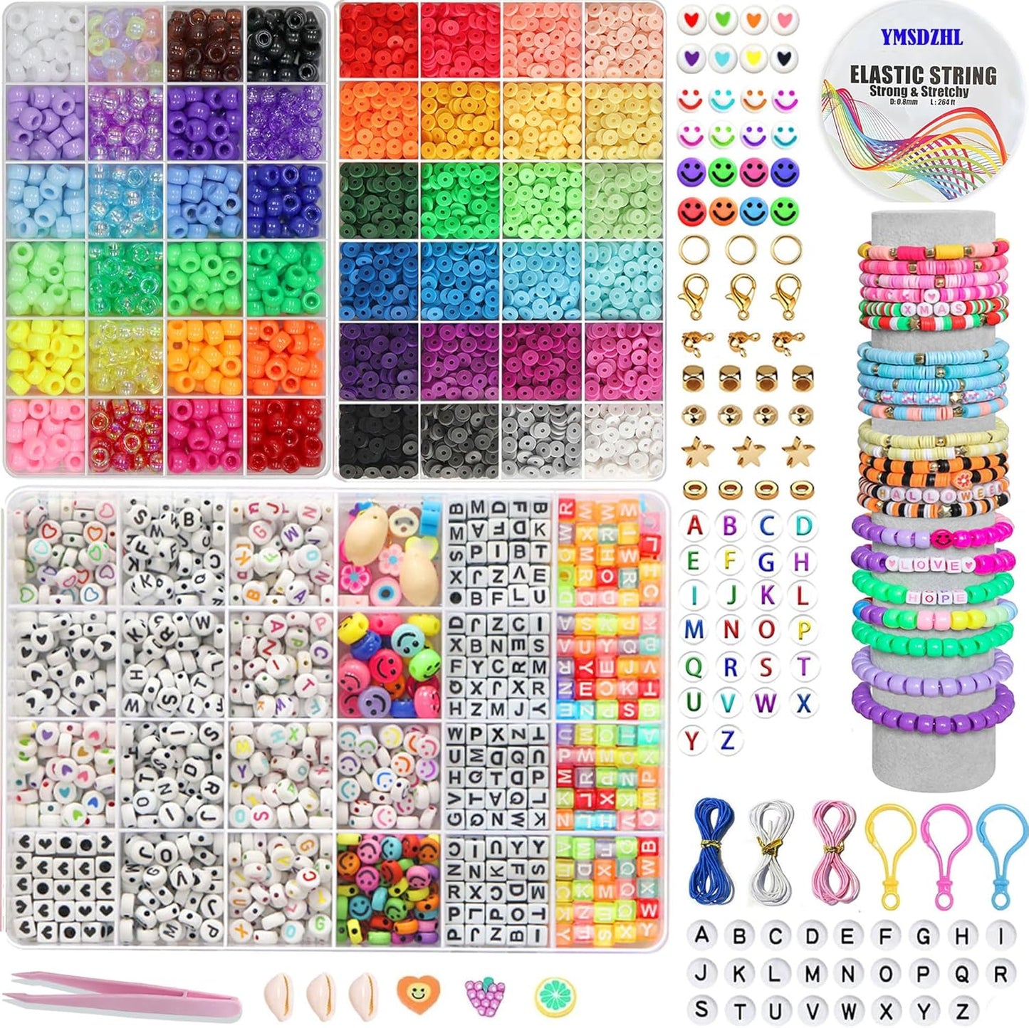 YMSDZHL 11000+PCS Clay Beads Bracelet Making Kit,24 Color DIY Flat Preppy Beads for Friendship Jewelry Making,Polymer Heishi Beads with Charms Gifts for Teen Girls Crafts for Ages 4-12