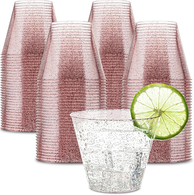 PLASTICPRO 9 oz Disposable Plastic Party Cups,Old fashioned Designed Tumblers, Rose Gold Glitter 100 Count,