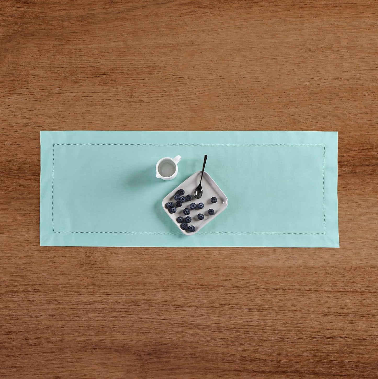 Solino Home Cotton Linen Table Runner 36 Inches - Pastel Turquoise Hemstitch Table Runner 14 x 36 Inch Ideal for Dresser and Coffee Tables