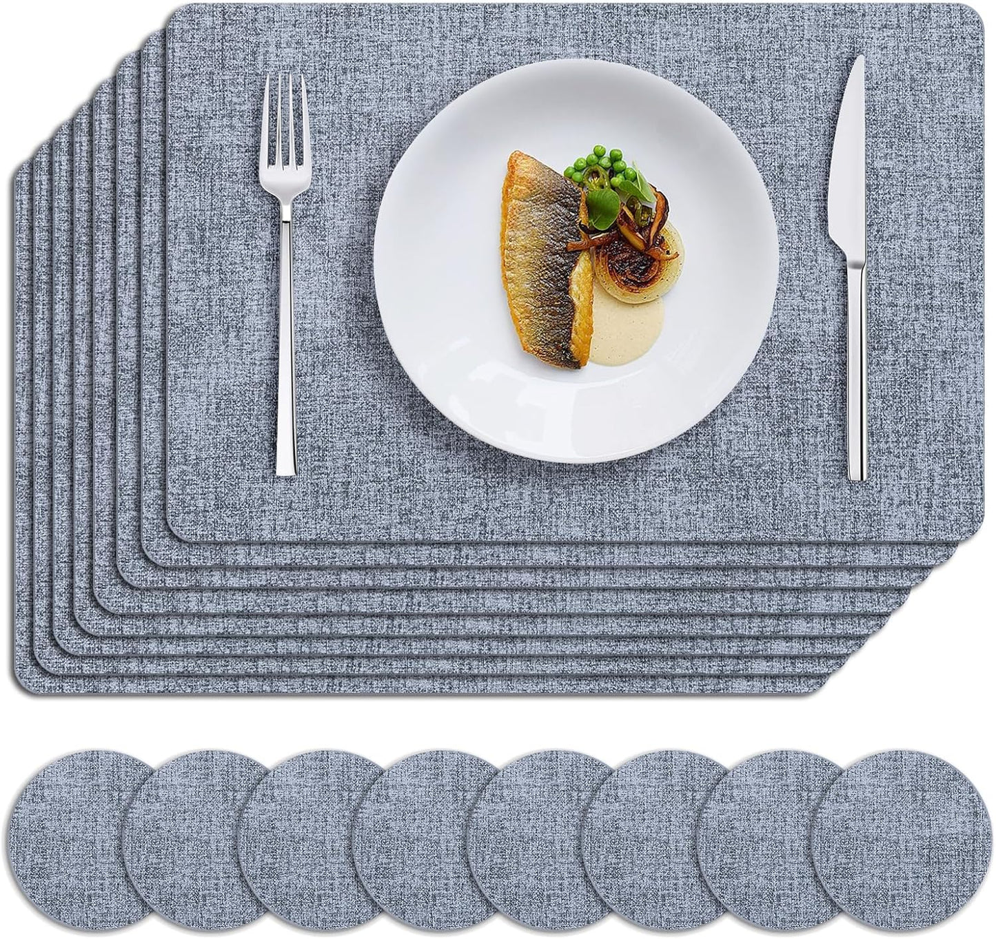 MOSAYT Placemats Set of 8, Heat Resistant Vinyl Place Mats with Coasters, Wipeable Washable 100% Waterproof Oil Proof Faux Leather Table Mats for Kitchen Dining Party Outdoor, 12" x 18", Sky Blue