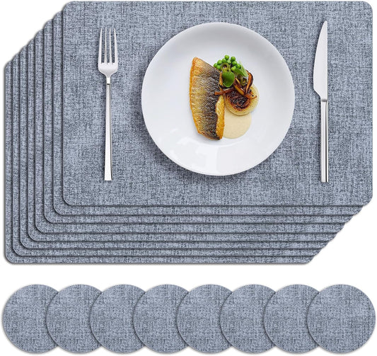 MOSAYT Placemats Set of 8, Heat Resistant Vinyl Place Mats with Coasters, Wipeable Washable 100% Waterproof Oil Proof Faux Leather Table Mats for Kitchen Dining Party Outdoor, 12" x 18", Sky Blue