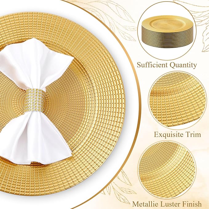 50 Pack Gold Charger Plates Bulk for Dinner Plates, 13" Round Chain Shaped Service Chargers Bulk, Plastic Wedding Chargers for Christmas Thanksgiving Party Wedding Birthday Anniversary
