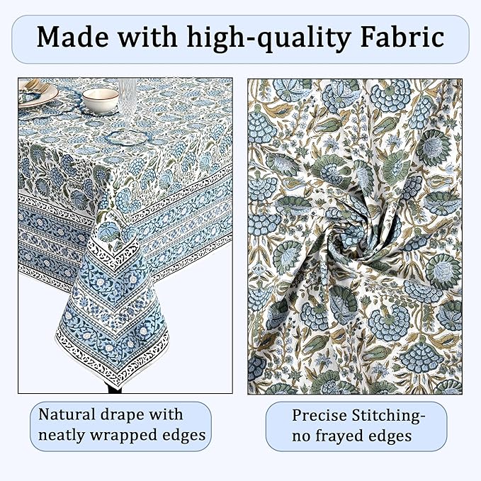 Ridhi Hand Block Print Asparagus Green Rectangle Cotton Tablecloth 160" x 72" Reusable Table Cover Decorative Everyday Use for Dining, Farmhouse, Home Gift for Spring, Easter, Valentine