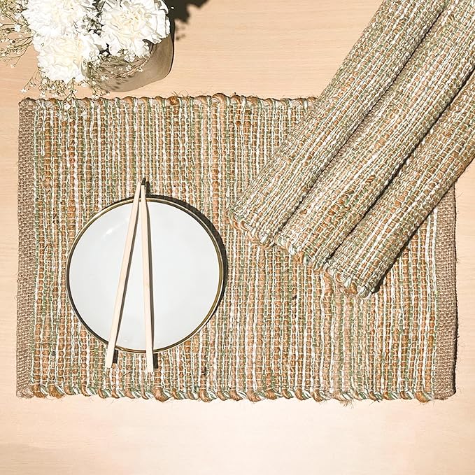 Chardin Home Natural Jute & Sage Green-White Placemats, Set of 4 – Rustic Handmade Boho Table Mats, 13x19 In Dining Table Placemats - Kitchen, Everyday Meals, Holidays, Farmhouse or Modern Table Décor