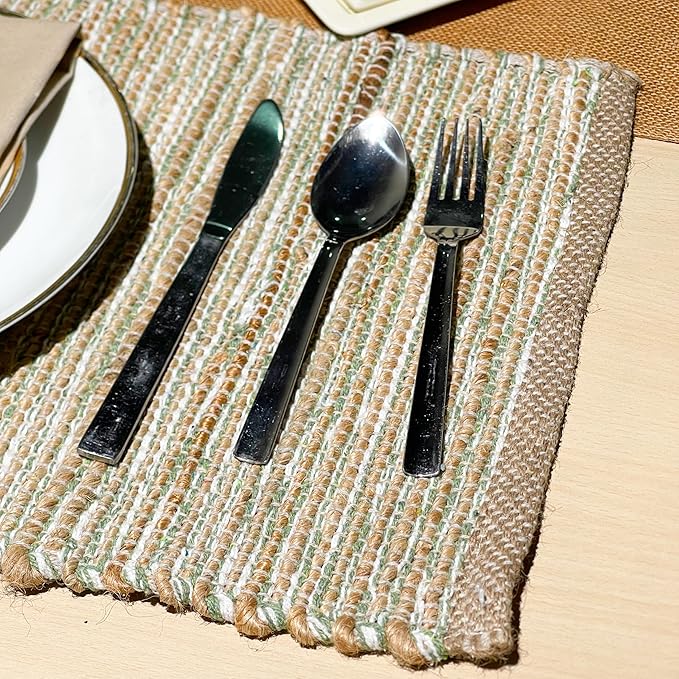 Chardin Home Natural Jute & Sage Green-White Placemats, Set of 4 – Rustic Handmade Boho Table Mats, 13x19 In Dining Table Placemats - Kitchen, Everyday Meals, Holidays, Farmhouse or Modern Table Décor