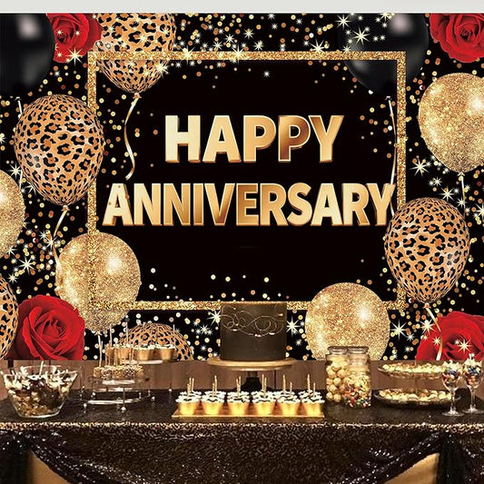 Homewelle Leopard Print Happy Anniversary Backdrop 7Wx5H Feet Polyester Fabric Black Gold Red Cheetah Print Decoration Balloon Rose Cool Party Celebration Photography Background Photo Shoot Props