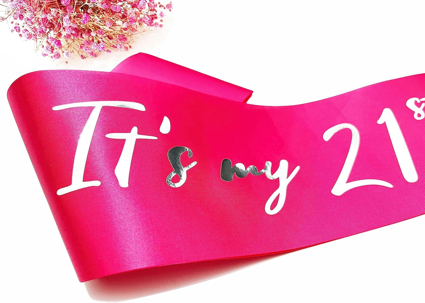 21st Birthday Sash, Hot Pink Satin Soft Sashes with Silver Foil Letter, Birthday Decorations for Girls, Happy 21st Birthday Party Favor Supplies,Pink Silver