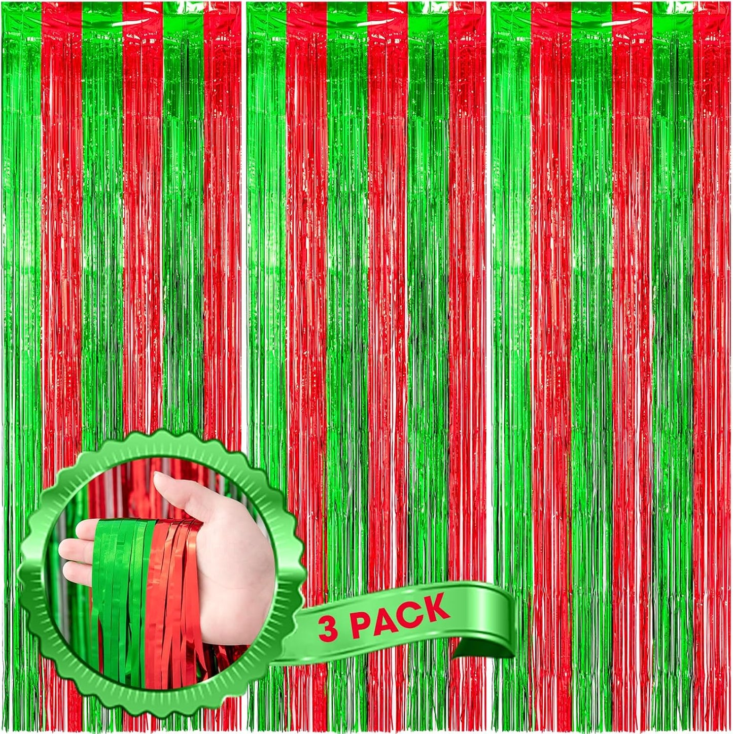 3 Pack 3.3x8.2 Feet Red and Green Foil Fringe Backdrop Curtains, Tinsel Streamers Birthday Party Decorations, Fringe Backdrop for Graduation, Baby Shower, Gender Reveal, Disco Party