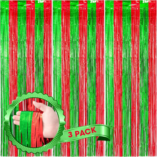 3 Pack 3.3x8.2 Feet Red and Green Foil Fringe Backdrop Curtains, Tinsel Streamers Birthday Party Decorations, Fringe Backdrop for Graduation, Baby Shower, Gender Reveal, Disco Party